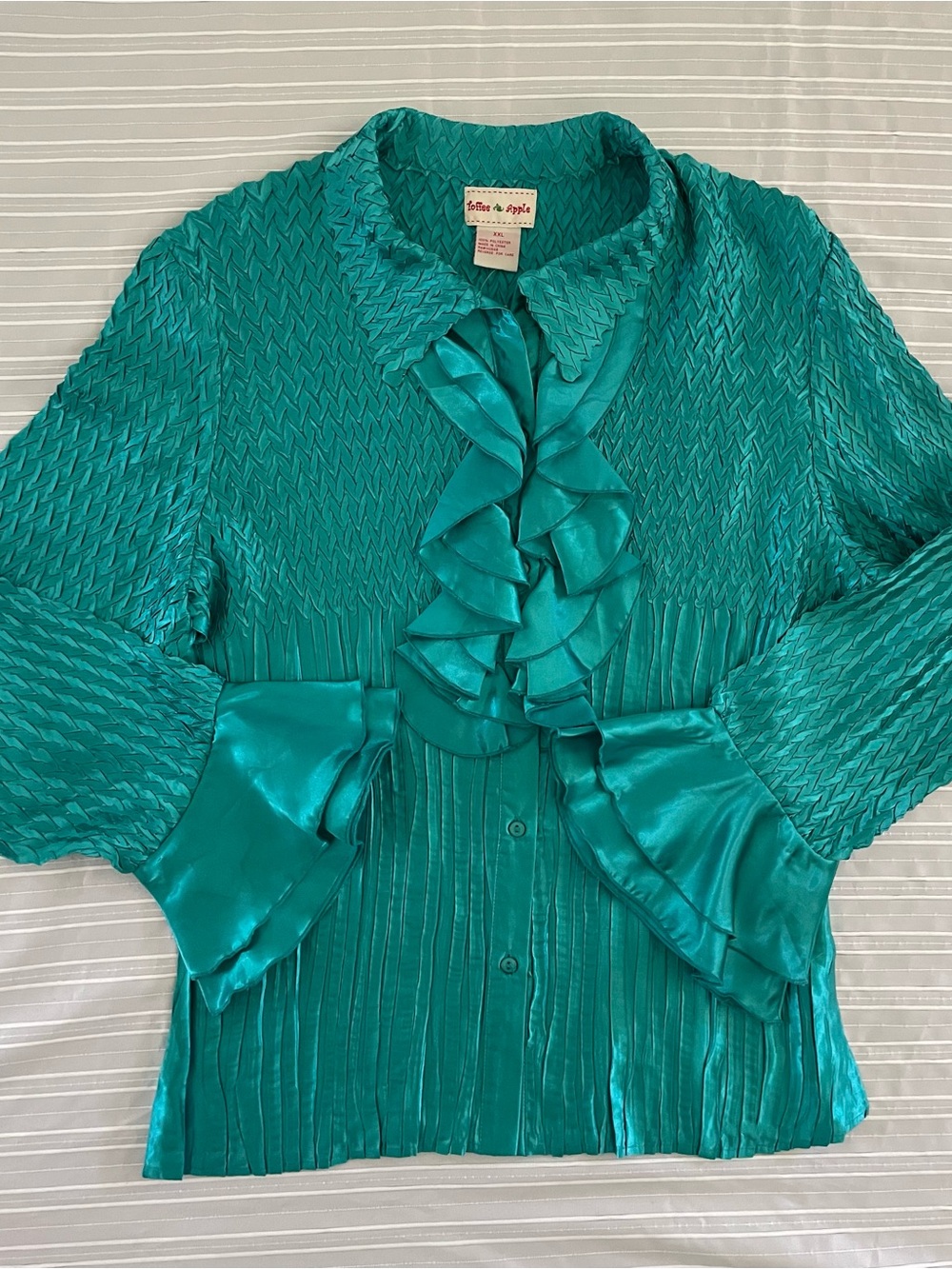 Vtg.Teal Plisse crinkle Ruffle Satin Blouse Sz 2XL goth preppy
